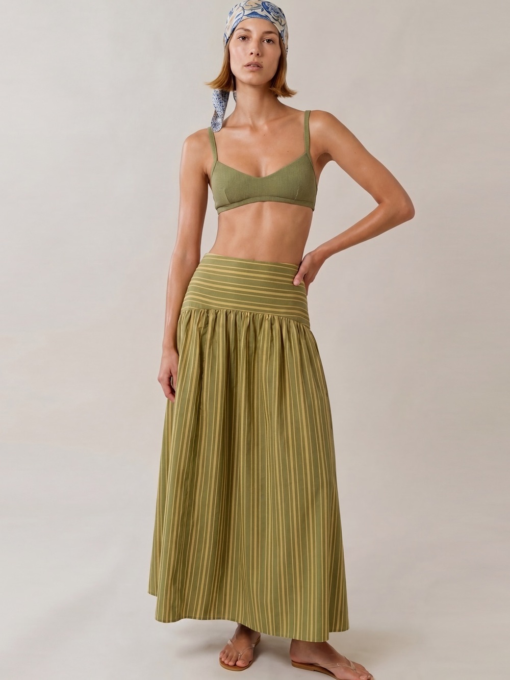 High-Waist Olive Green Striped Maxi Skirt